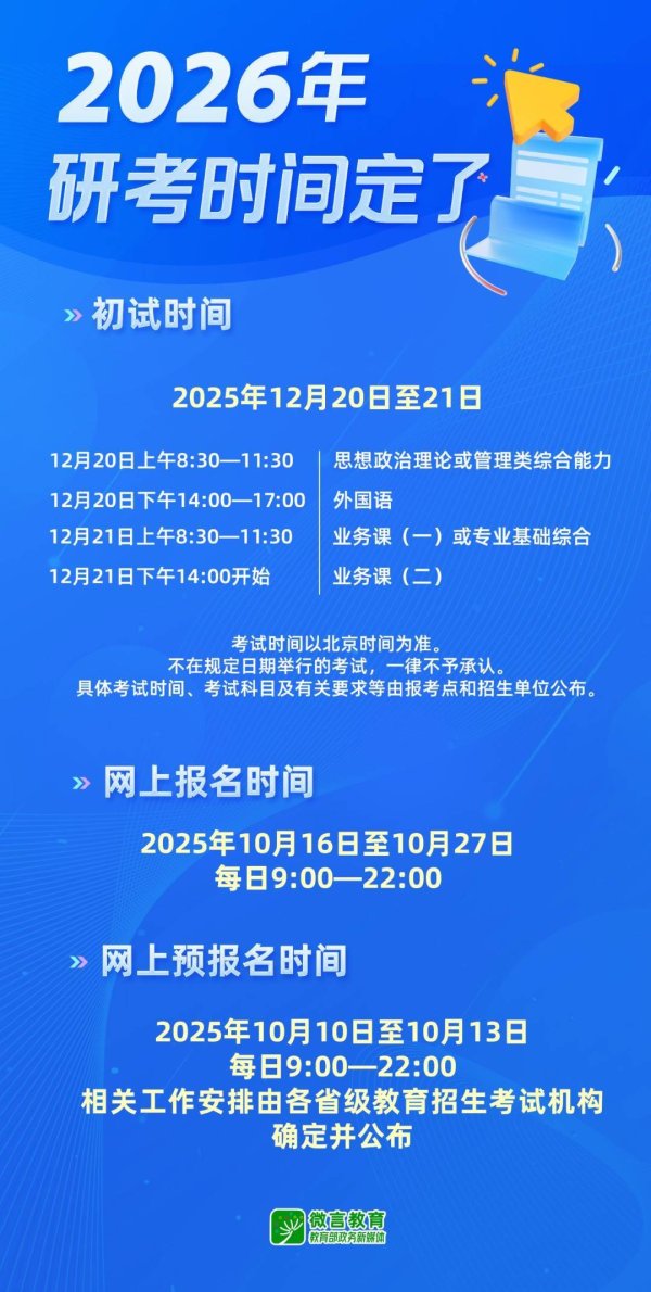 老虎配资 2026年考研初试时间为今年12月20日至21日